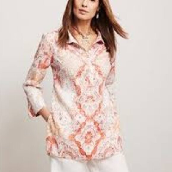 Chicos 1 Tunic Top Womens 8/10 Medium Collared Button Down Popover 100% Linen - Picture 1 of 11